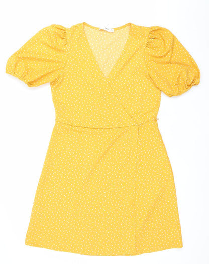 Mango Women’s Yellow Polka Dot A-Line Puff Sleeve Dress Size 8