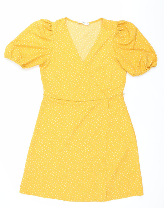Mango Women’s Yellow Polka Dot A-Line Puff Sleeve Dress Size 8