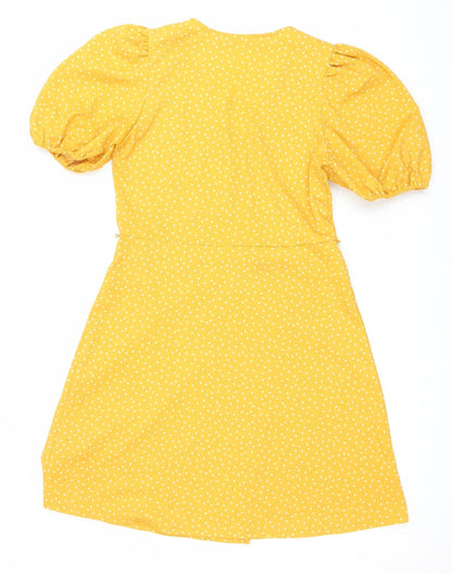 Mango Women’s Yellow Polka Dot A-Line Puff Sleeve Dress Size 8