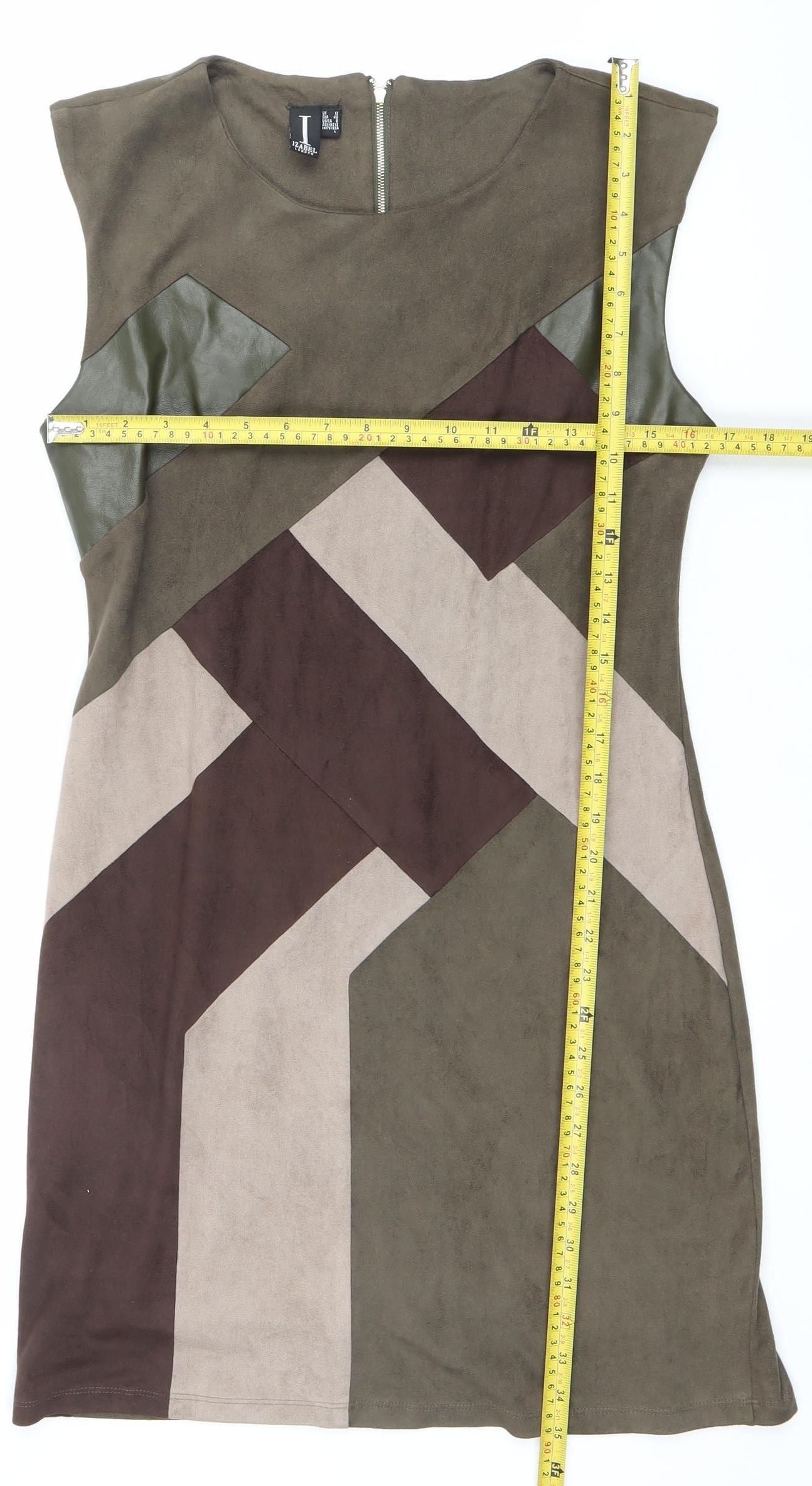 Izabel London Women’s Brown Green Beige Shift Dress Size 12 Sleeveless