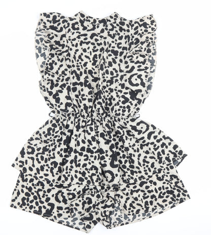 Boohoo Women’s Black Beige Animal Print Ruffle Playsuit Size 8