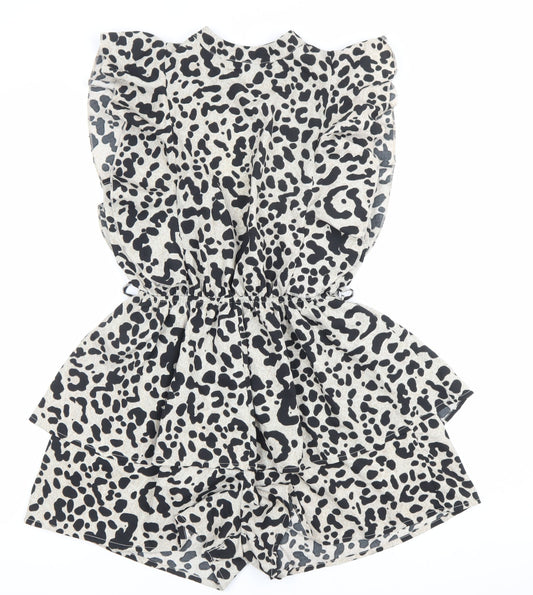 Boohoo Women’s Black Beige Animal Print Ruffle Playsuit Size 8