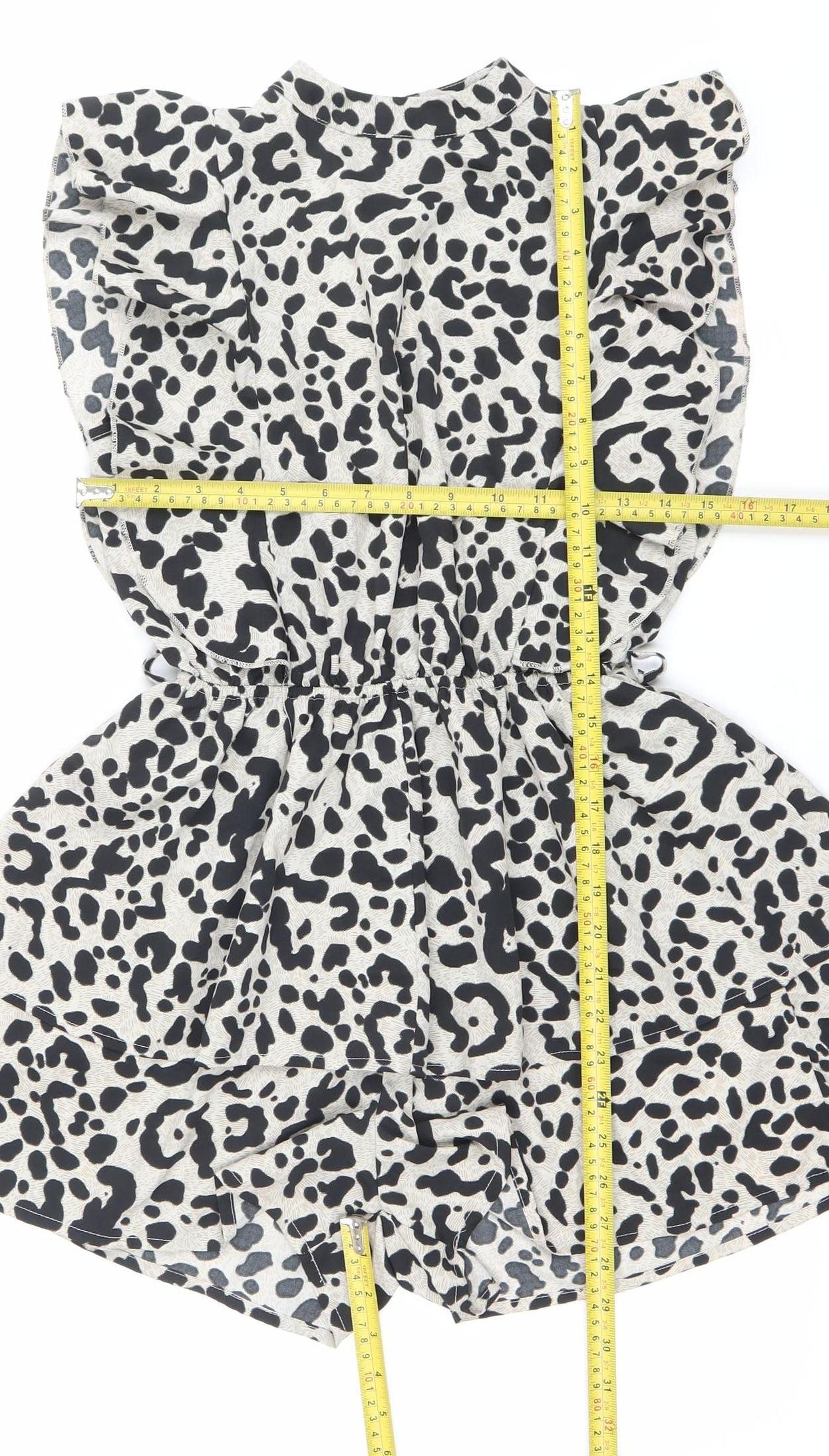 Boohoo Women’s Black Beige Animal Print Ruffle Playsuit Size 8