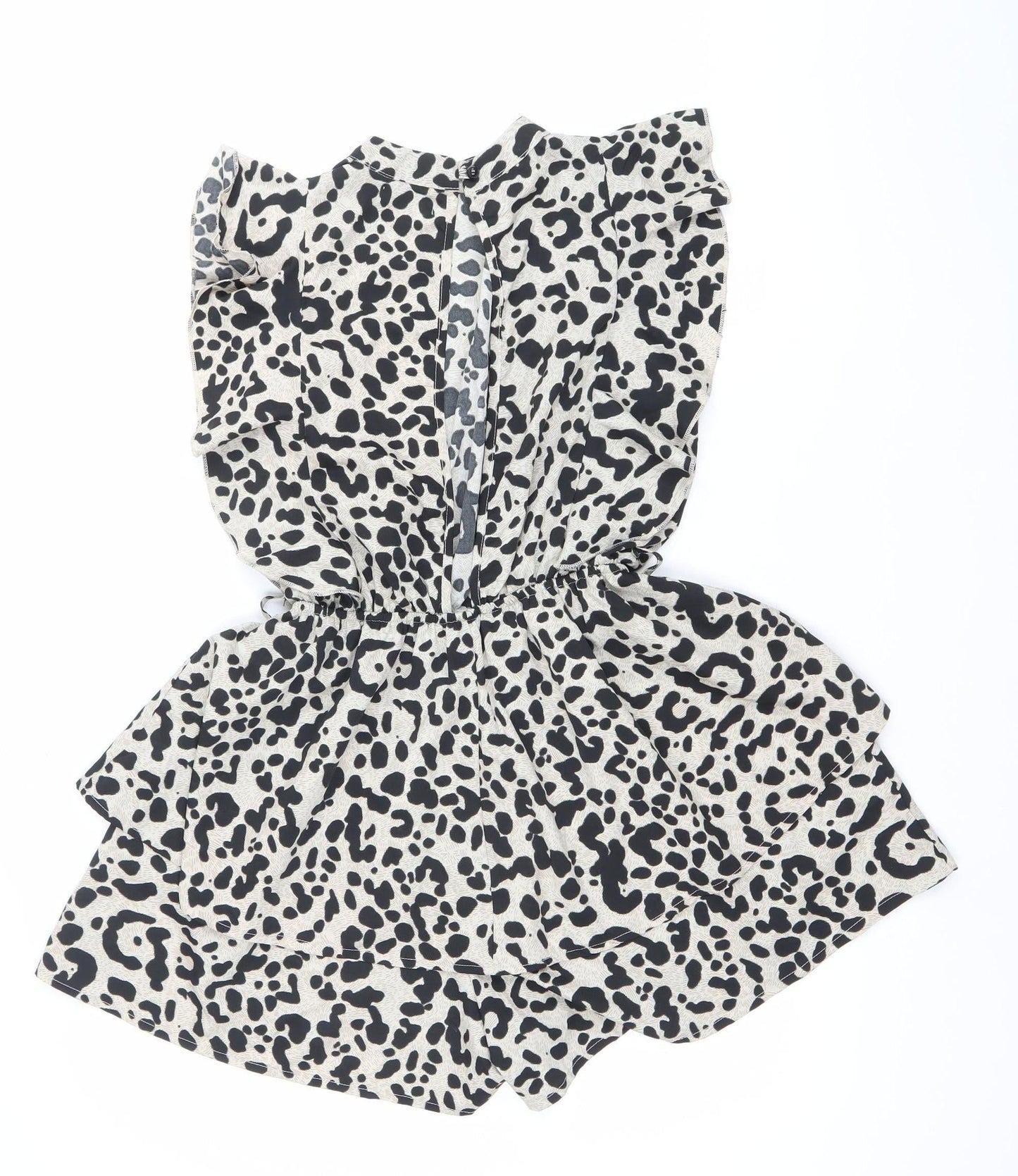 Boohoo Women’s Black Beige Animal Print Ruffle Playsuit Size 8