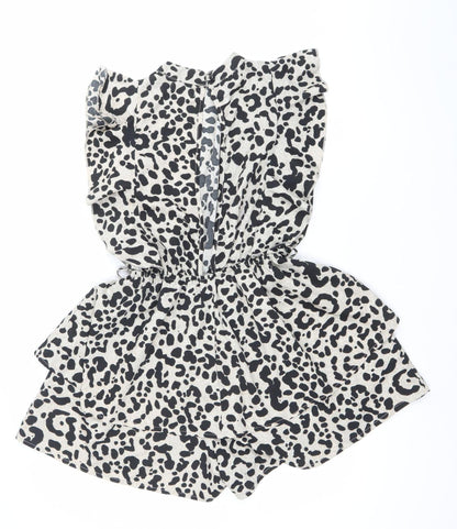 Boohoo Women’s Black Beige Animal Print Ruffle Playsuit Size 8