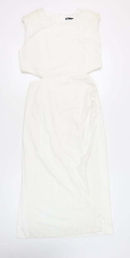 Zara Women White Midi Sheath Dress Size 14 Sleeveless Formal