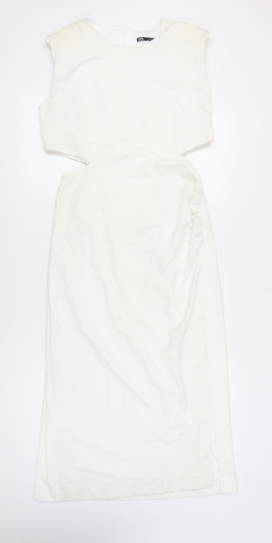 Zara Women White Midi Sheath Dress Size 14 Sleeveless Formal