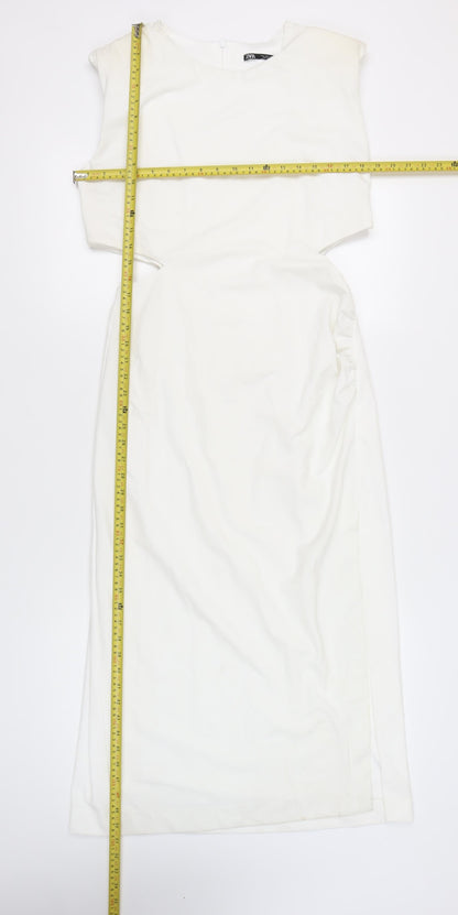 Zara Women White Midi Sheath Dress Size 14 Sleeveless Formal