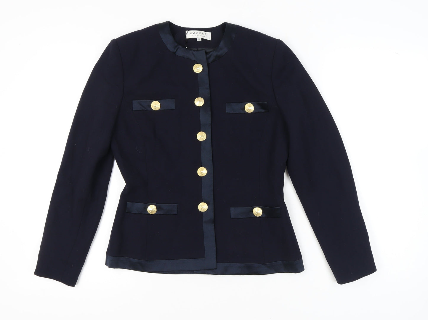 Jaeger Women’s Blue Wool Blazer Size 8 Six-Button Tailored Jacket