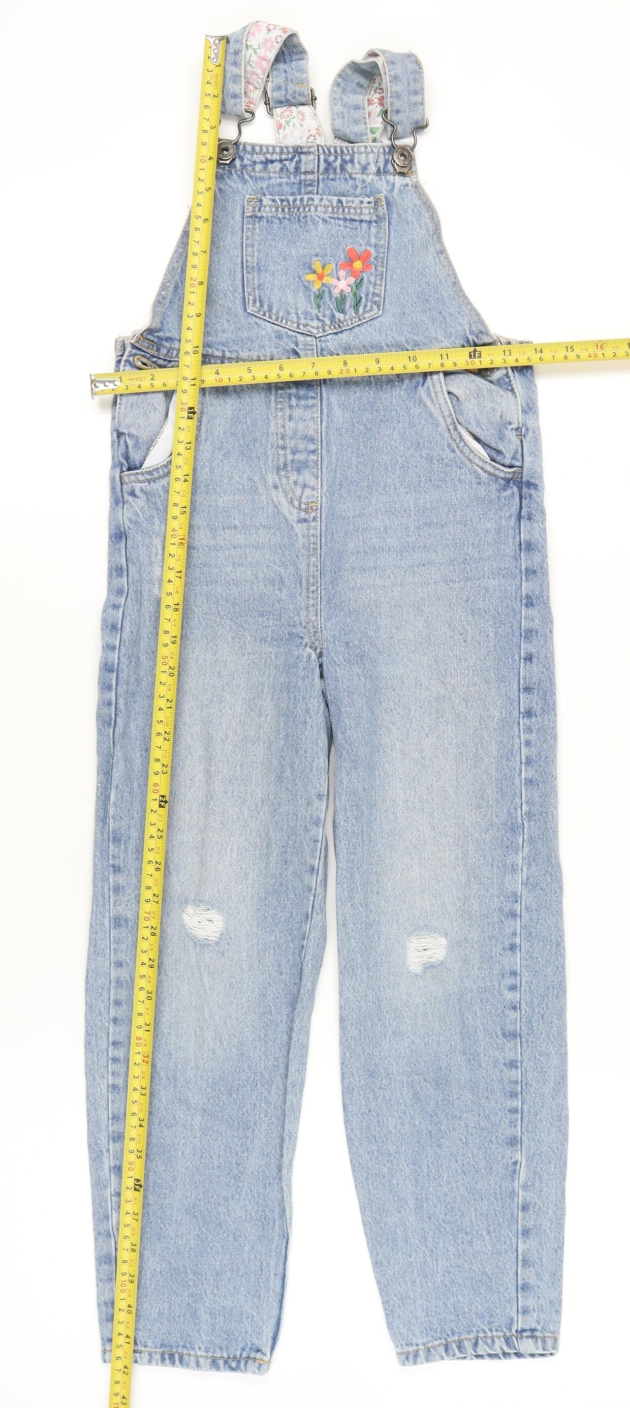 Little Kids Girls Blue Denim Dungarees Jeans 8-9Y Embroidered Floral