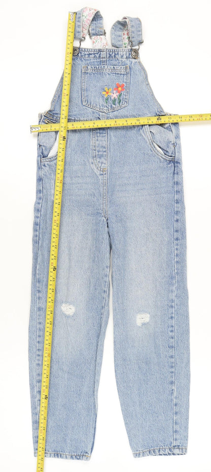 Little Kids Girls Blue Denim Dungarees Jeans 8-9Y Embroidered Floral