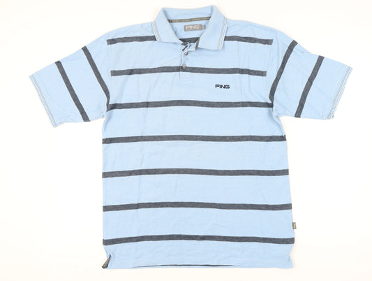 Ping Men’s Blue Striped Polo Shirt L Cotton Blend Golf Casual