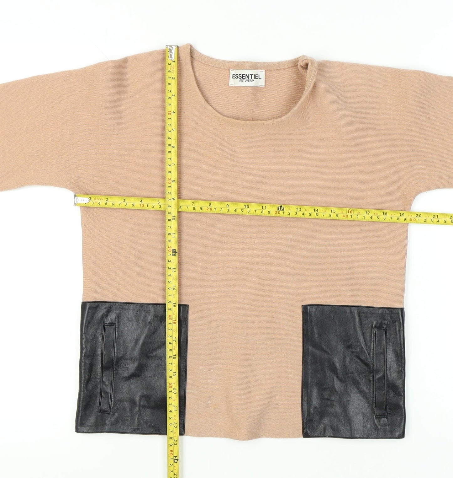 Essentiel Antwerp Women's Beige Pullover Jumper S Merino Wool Blend Leather Pockets