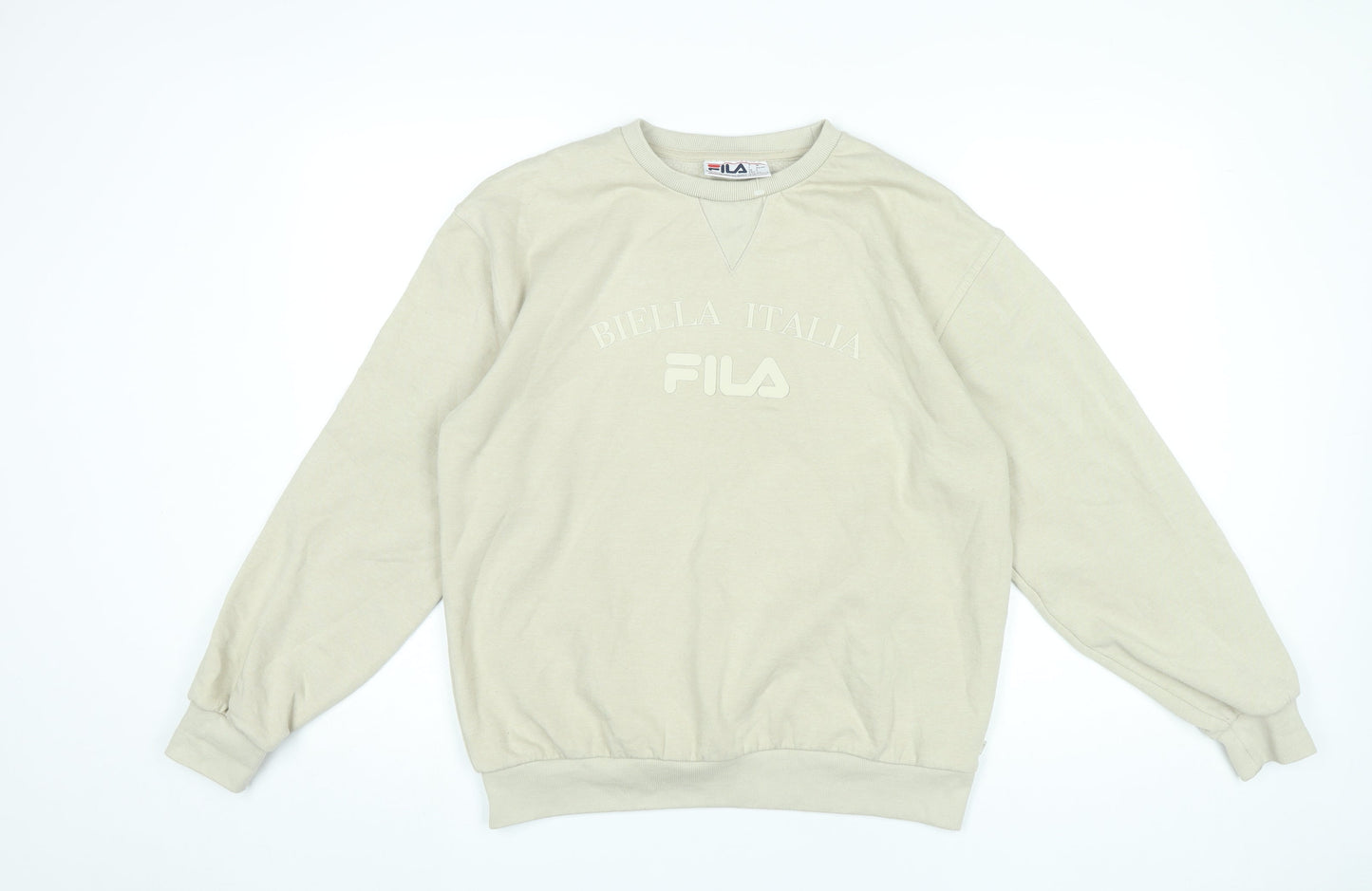 FILA Womens Beige Pullover Sweatshirt Size S Logo Crew Neck Casual