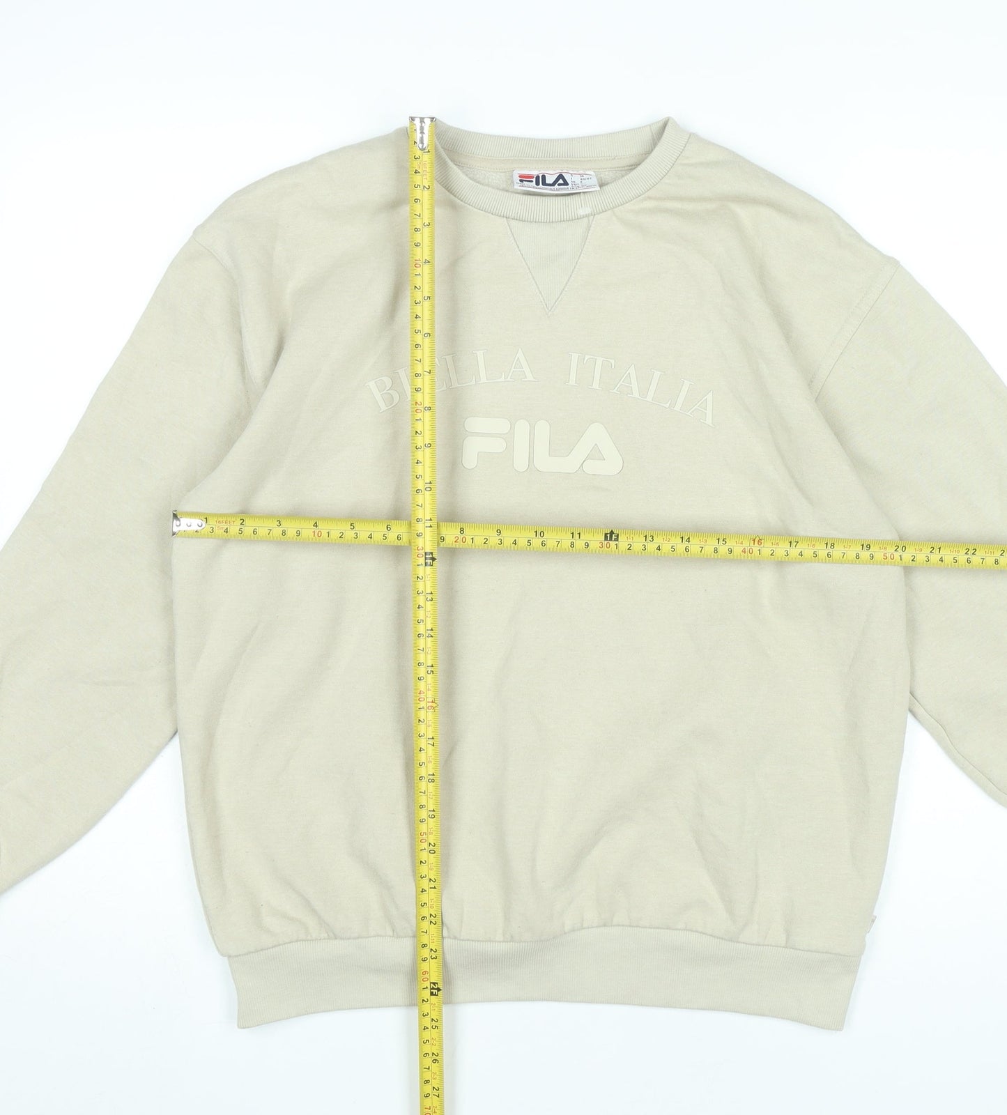 FILA Womens Beige Pullover Sweatshirt Size S Logo Crew Neck Casual