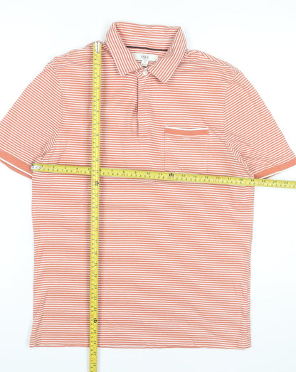 Marks and Spencer Men's Orange Striped Cotton Polo Shirt M Regular