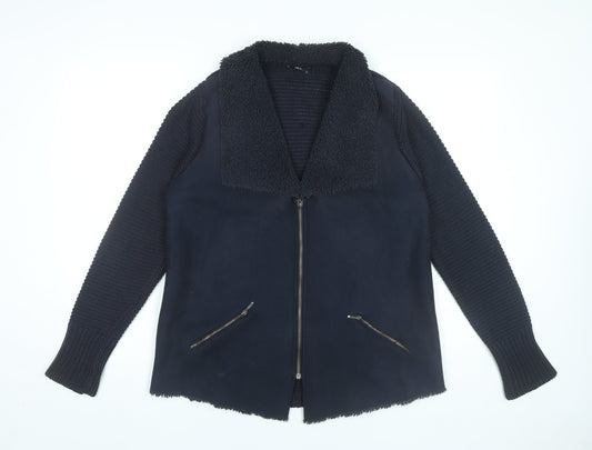 M&Co Womens Black Knit Bomber Jacket Size 14 Full Zip Autumn Winter