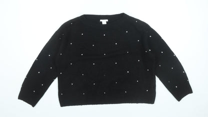 H&M Women’s Black Beaded Pullover Jumper Size 8 Crew Neck Long Sleeve