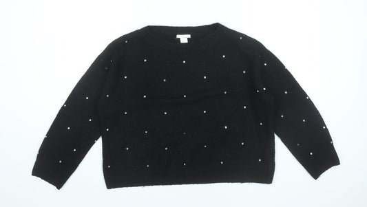 H&M Women’s Black Beaded Pullover Jumper Size 8 Crew Neck Long Sleeve