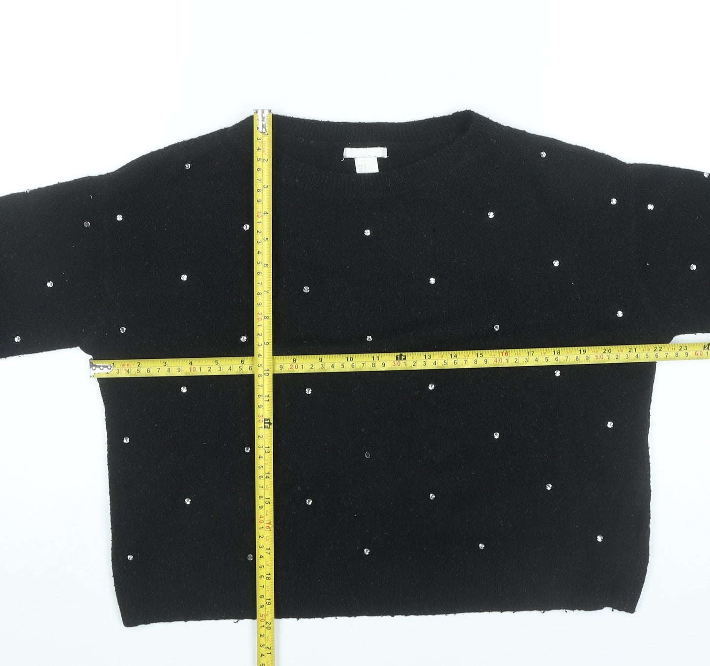 H&M Women’s Black Beaded Pullover Jumper Size 8 Crew Neck Long Sleeve