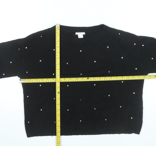 H&M Women’s Black Beaded Pullover Jumper Size 8 Crew Neck Long Sleeve