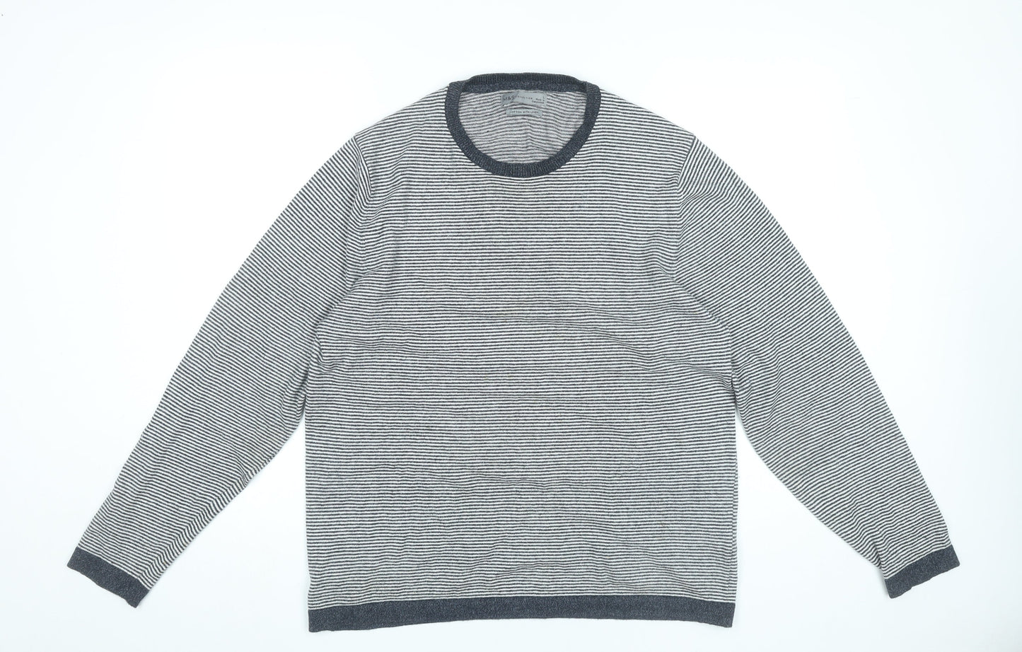 Marks and Spencer Men’s Grey Striped Cotton Linen Jumper L