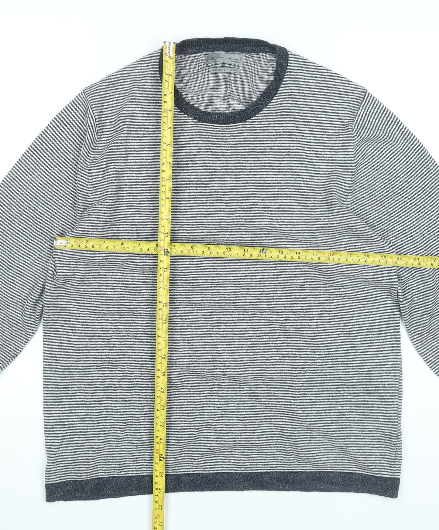 Marks and Spencer Men’s Grey Striped Cotton Linen Jumper L