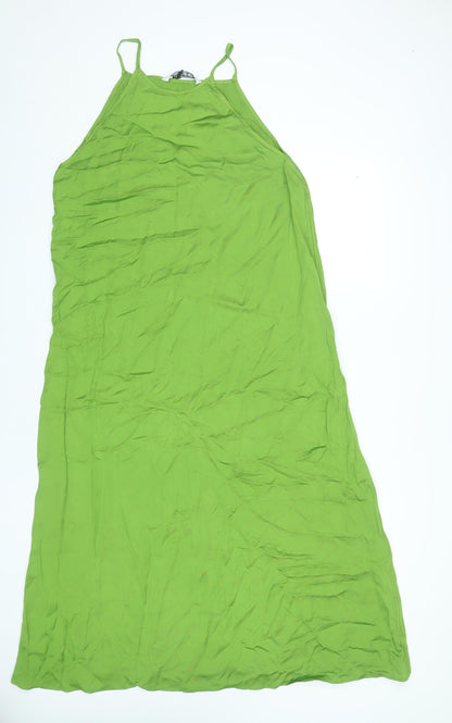 Zara Women Green L Viscose Midi Slip Dress Summer Halter Spaghetti Strap