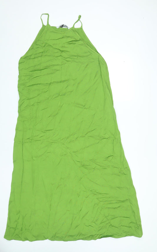 Zara Women Green L Viscose Midi Slip Dress Summer Halter Spaghetti Strap