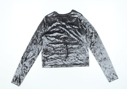 Hollister Women Grey Velvet Slim Fit Cropped Long Sleeve Top S