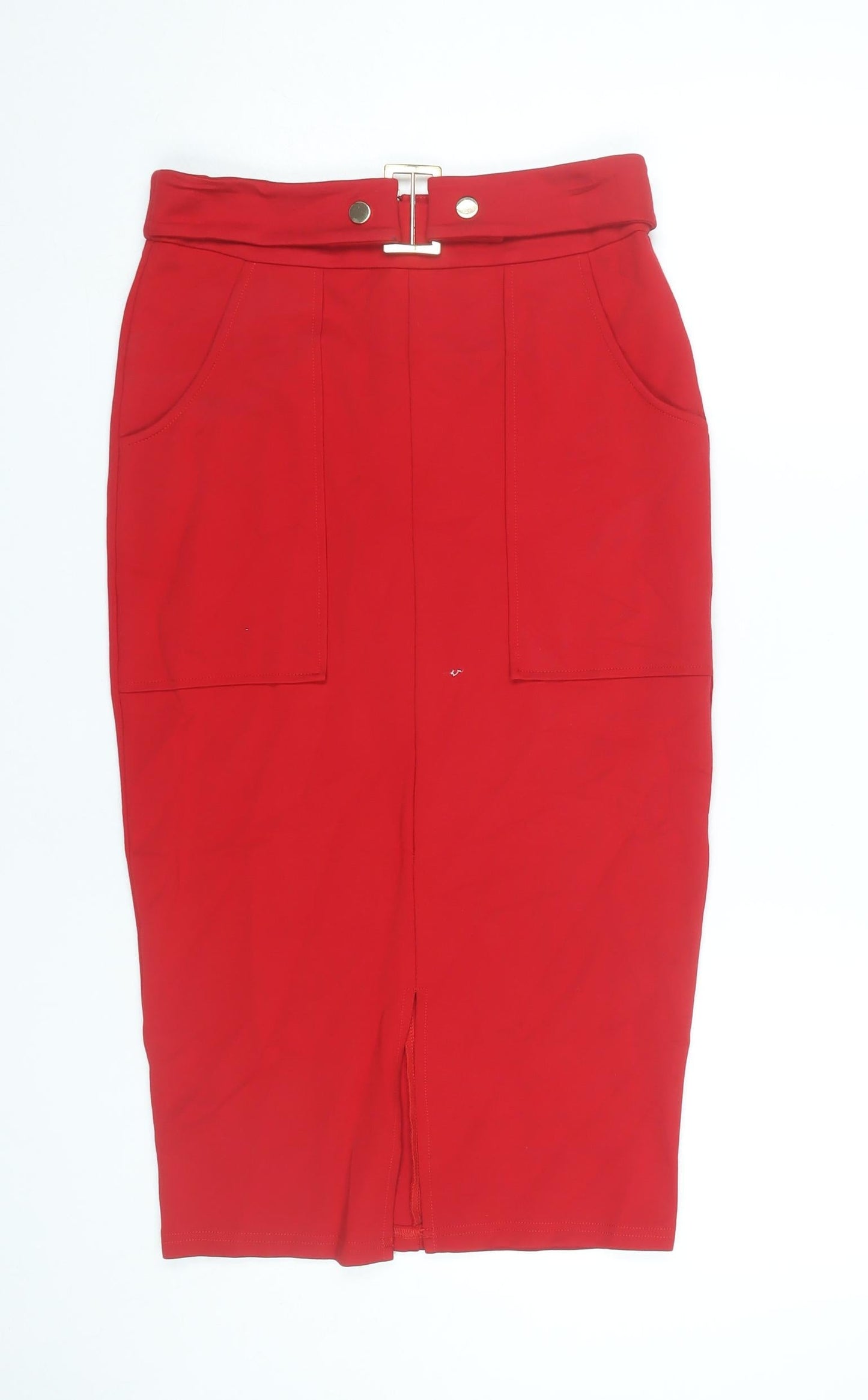 Dorothy Perkins Women’s Red Pencil Skirt Size 8 High Waist Buckle Detail