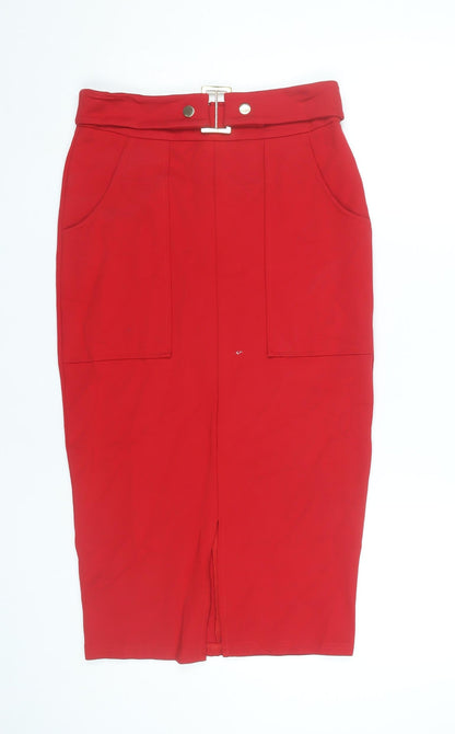 Dorothy Perkins Women’s Red Pencil Skirt Size 8 High Waist Buckle Detail