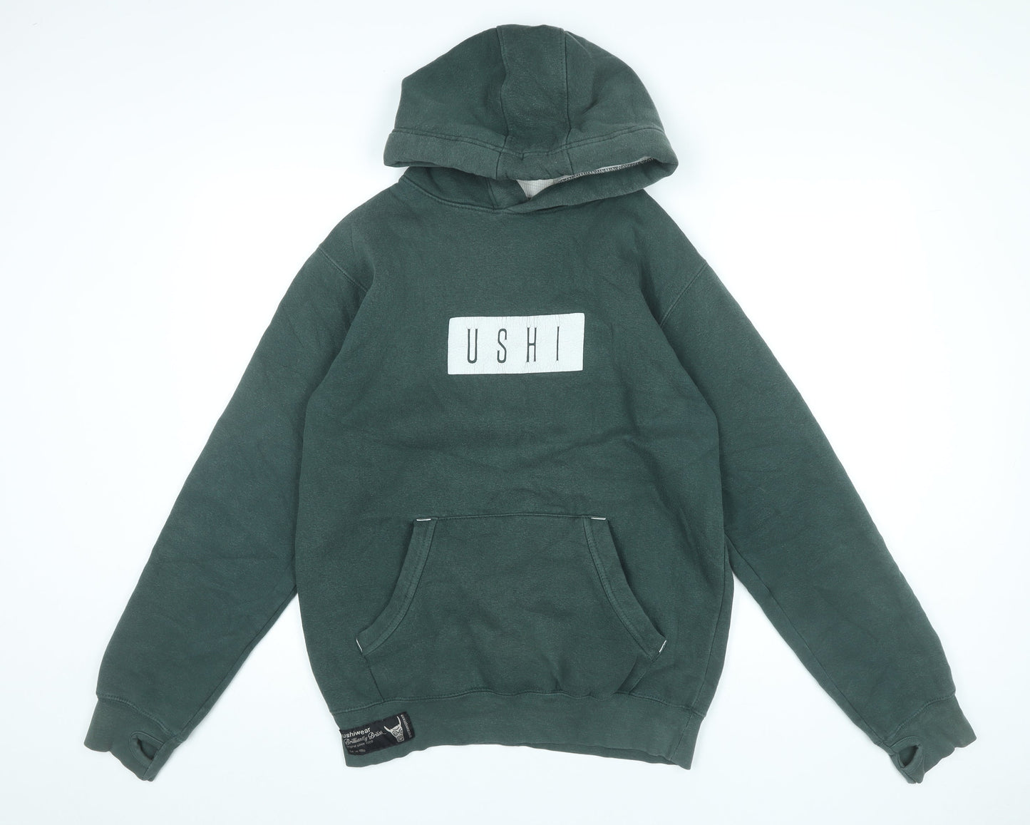 USHI Men’s Green Pullover Hoodie M Regular Fit with Logo