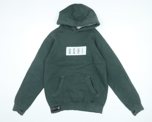 USHI Men’s Green Pullover Hoodie M Regular Fit with Logo