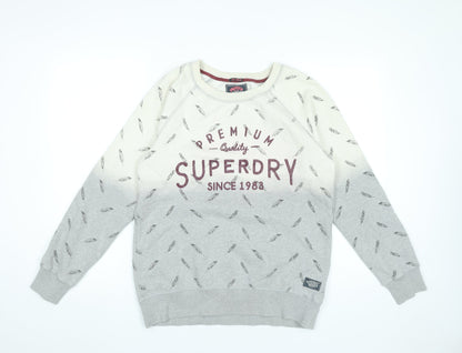 Superdry Womens Grey Beige Feather Print Sweatshirt Medium Cotton Blend