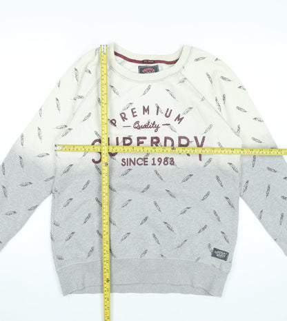 Superdry Womens Grey Beige Feather Print Sweatshirt Medium Cotton Blend