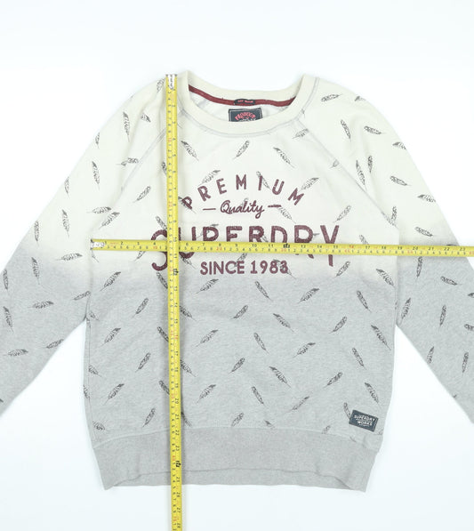 Superdry Womens Grey Beige Feather Print Sweatshirt Medium Cotton Blend