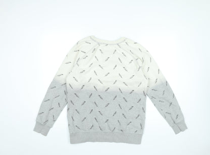 Superdry Womens Grey Beige Feather Print Sweatshirt Medium Cotton Blend