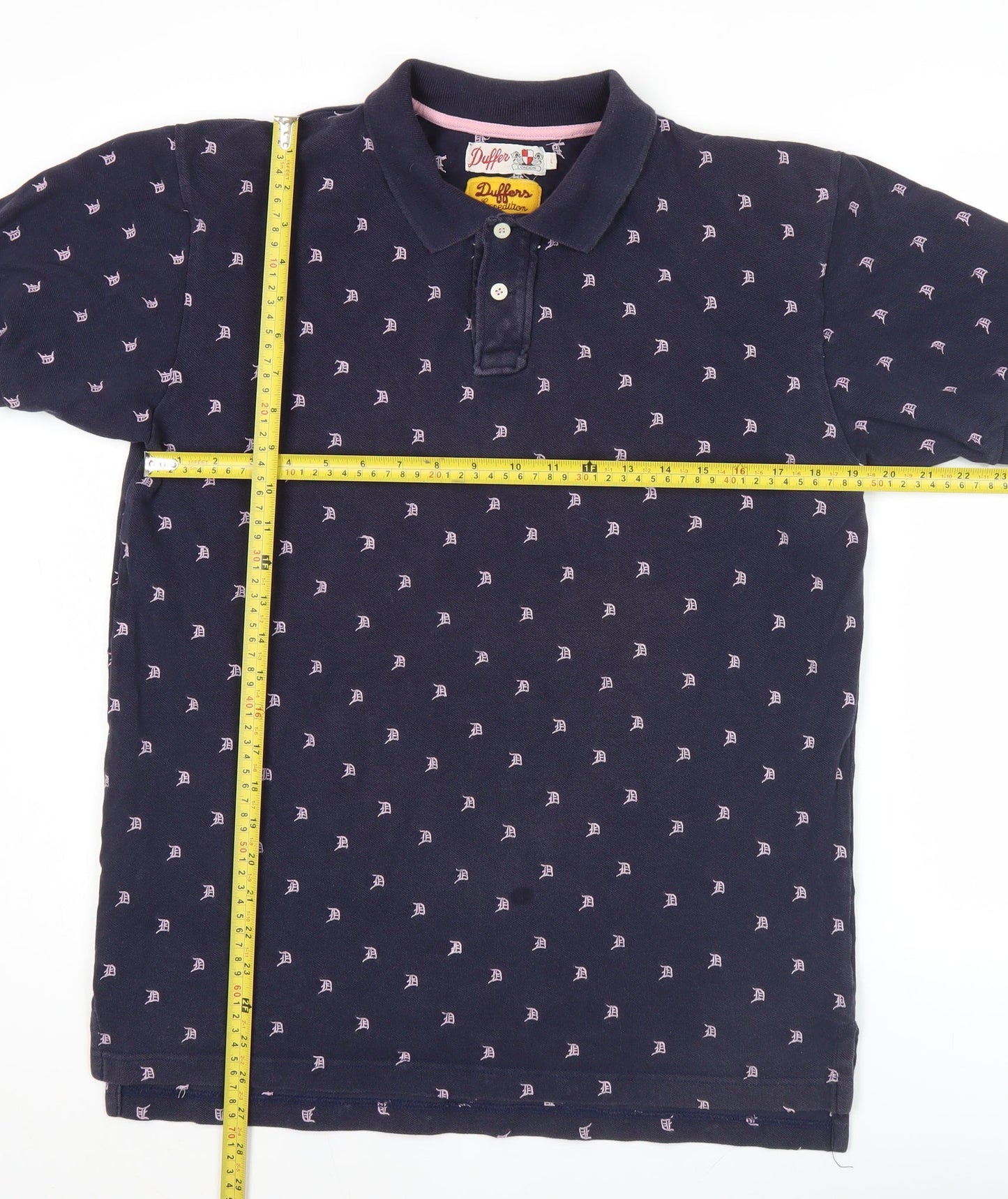 Duffer London Men's Blue Cotton Polo Shirt L Short Sleeve Logo Print