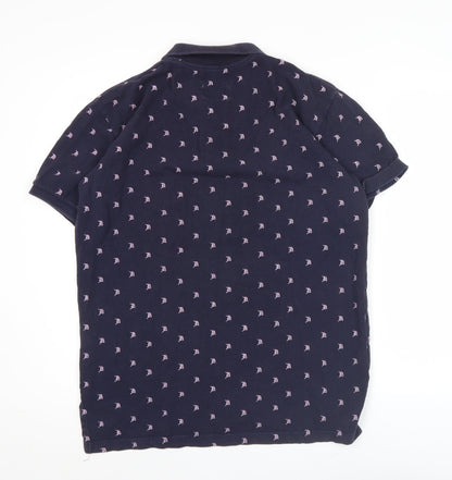 Duffer London Men's Blue Cotton Polo Shirt L Short Sleeve Logo Print