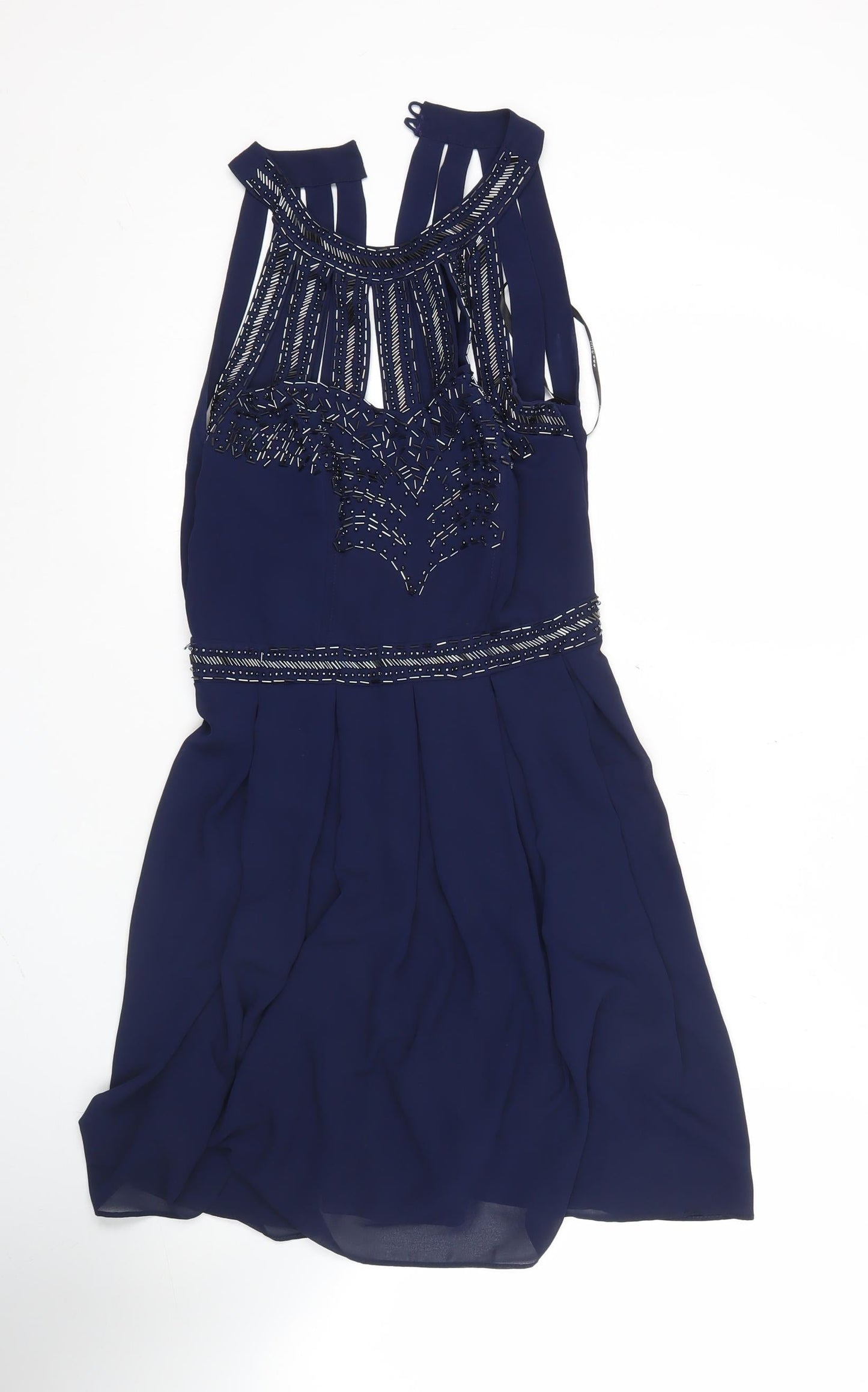 TFNC London Women’s Blue Skater Dress Size S Beaded Sleeveless Party