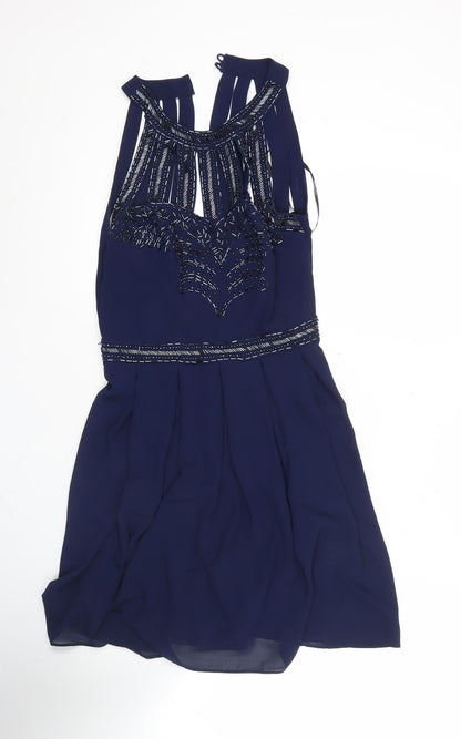 TFNC London Women’s Blue Skater Dress Size S Beaded Sleeveless Party