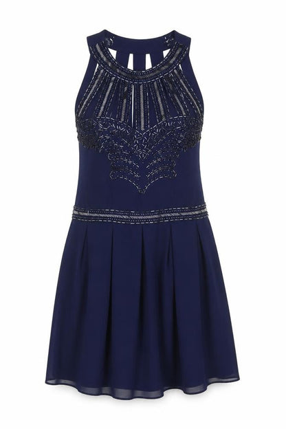 TFNC London Women’s Blue Skater Dress Size S Beaded Sleeveless Party