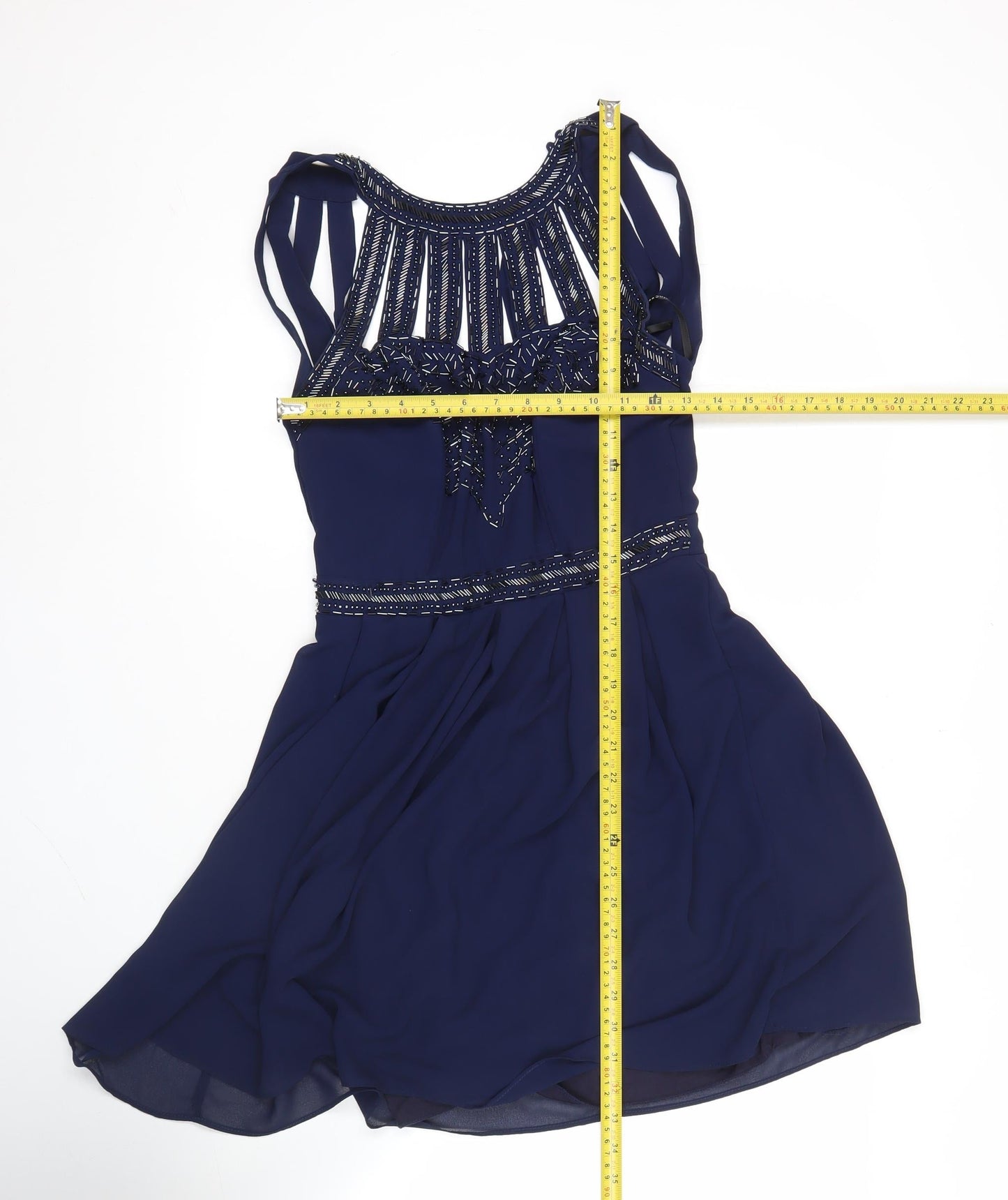 TFNC London Women’s Blue Skater Dress Size S Beaded Sleeveless Party