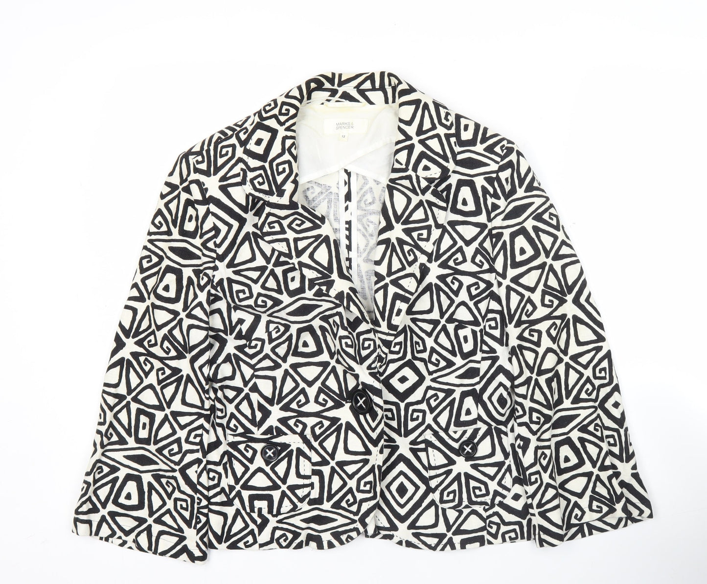 Marks and Spencer Women Black Geometric Linen Blend Blazer Size 12