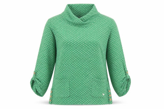 Front view of Country Rose Women’s Green Polka Dot Cowl Neck Pullover Sweatshirt S