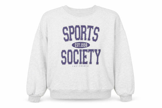 Front view of ASOS women’s grey graphic logo sports sweatshirt, size UK 18, pullover crew neck
