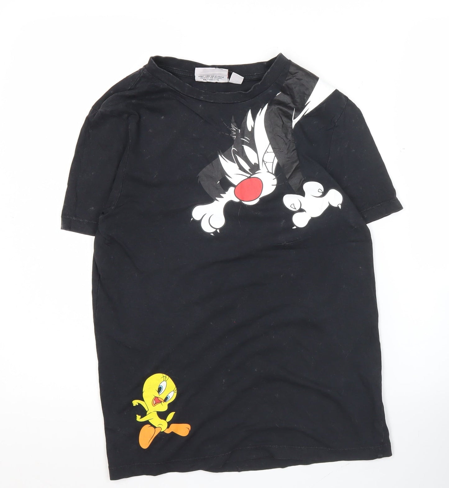 Looney Tunes Womens Black XS T-Shirt Sylvester Tweety Crew Neck