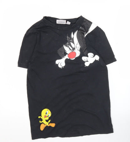 Looney Tunes Womens Black XS T-Shirt Sylvester Tweety Crew Neck