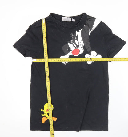 Looney Tunes Womens Black XS T-Shirt Sylvester Tweety Crew Neck